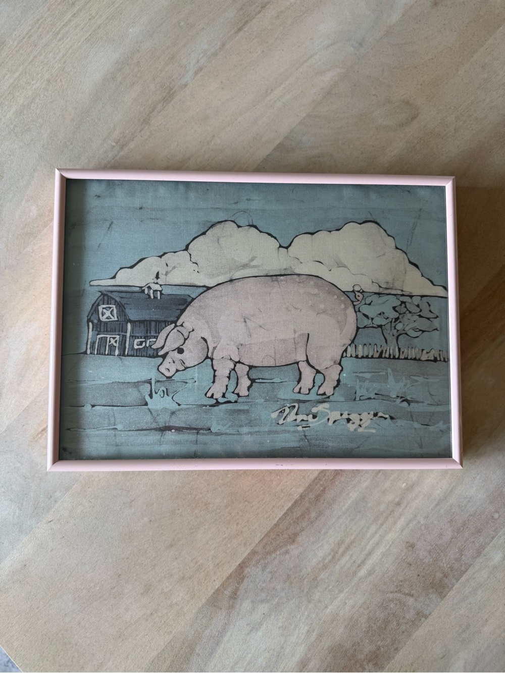 Pink Framed Pig Farm Art Fabric Print